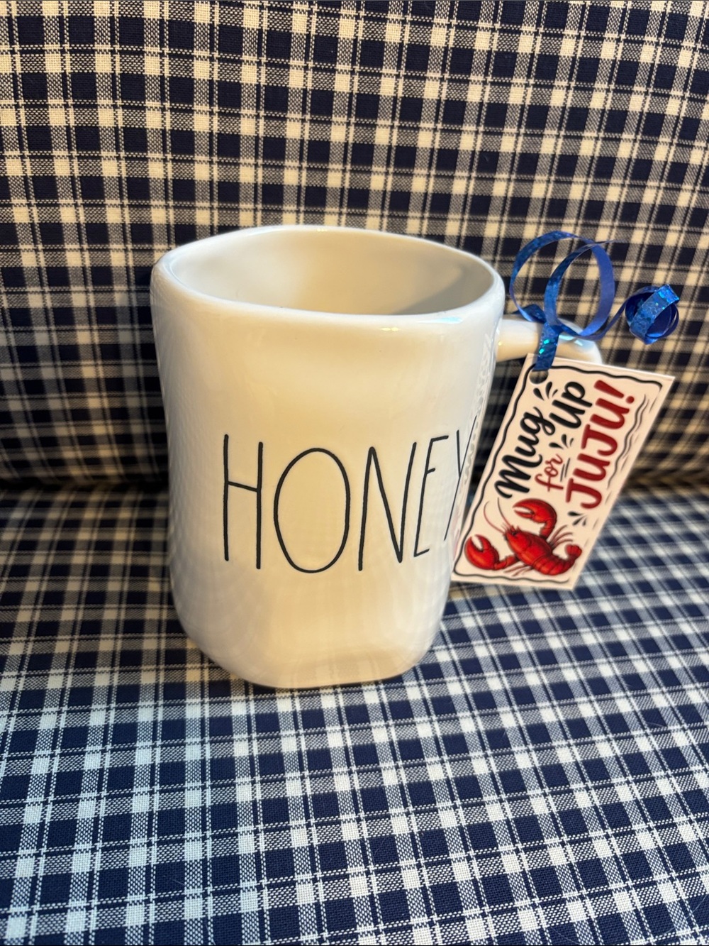 Rae Dunn HONEY Ceramic Mug - White with Black Script